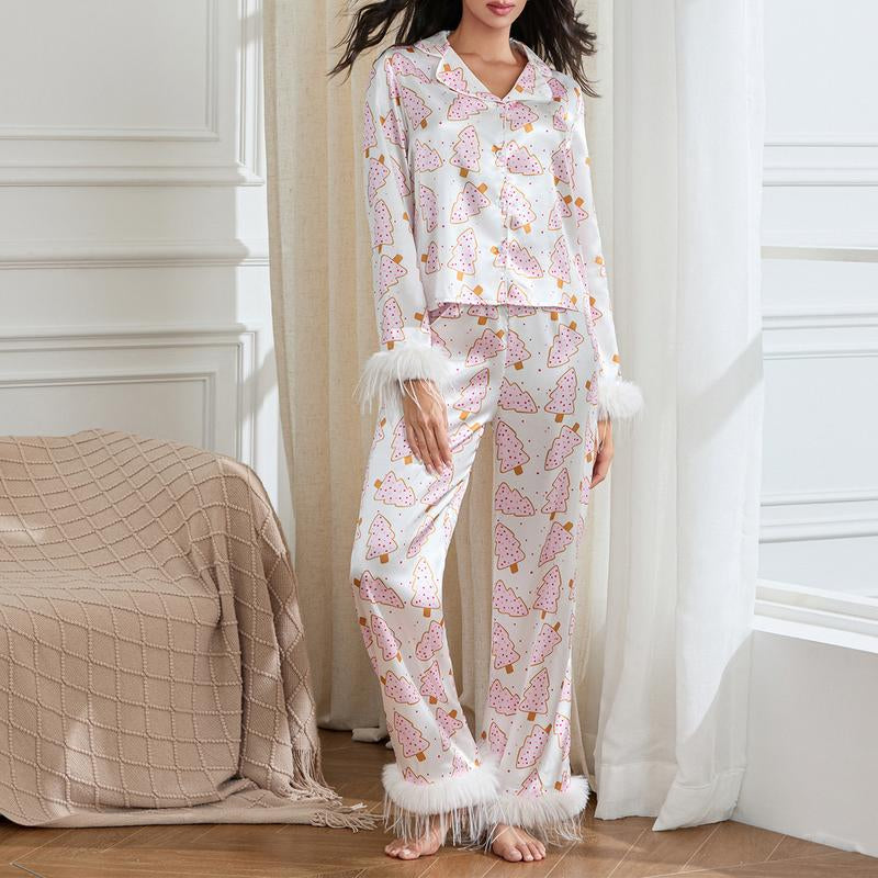 Women's Holiday Pajama Set with Santa Claus, Christmas Tree, and Boots Print - Plush Cuff Top and Pants for Festive Home Wear