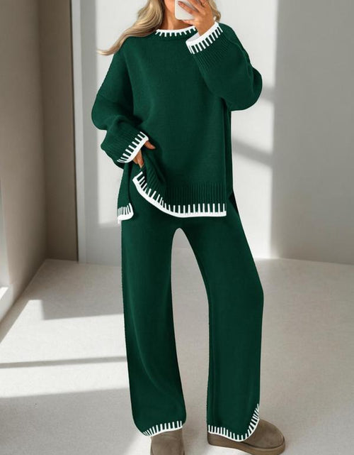 Load image into Gallery viewer, Women&#39;s 2-Piece Sweater Set: Long Sleeve Colorblock Crew Neck Top and Wide Leg Pants for Casual Fall and Winter Wear
