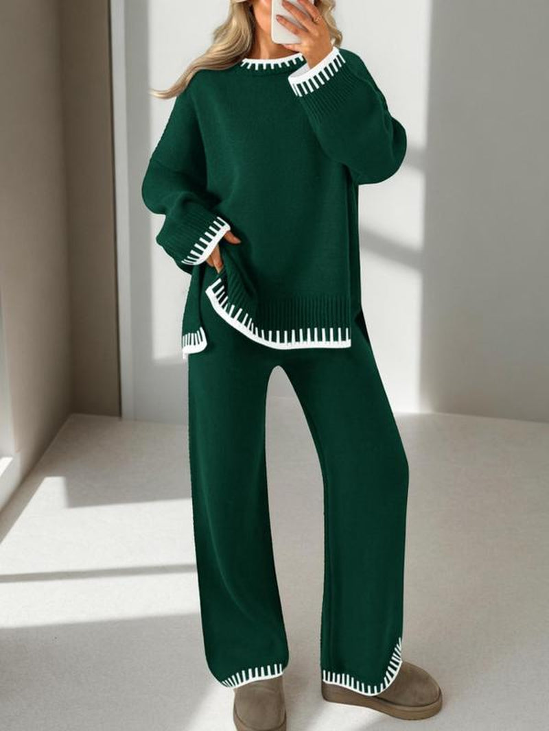 Women's 2-Piece Sweater Set: Long Sleeve Colorblock Crew Neck Top and Wide Leg Pants for Casual Fall and Winter Wear