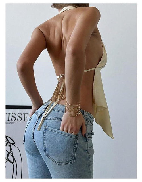 Load image into Gallery viewer, Satin Halter Top with Metal Ring Detail and Asymmetrical Ruffle Design
