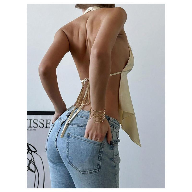 Satin Halter Top with Metal Ring Detail and Asymmetrical Ruffle Design