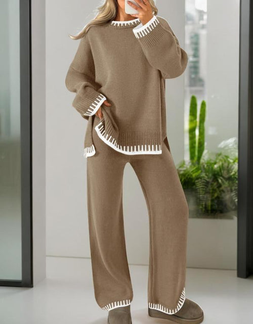 Load image into Gallery viewer, Women&#39;s 2-Piece Sweater Set: Long Sleeve Colorblock Crew Neck Top and Wide Leg Pants for Casual Fall and Winter Wear
