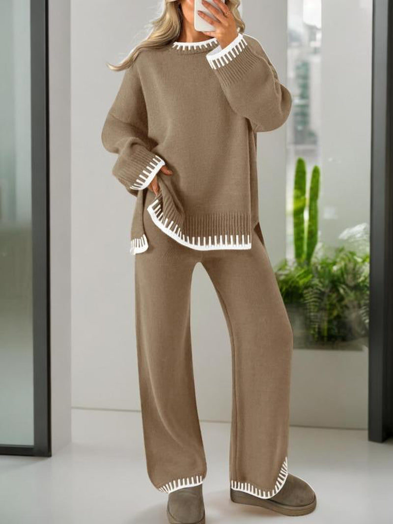 Women's 2-Piece Sweater Set: Long Sleeve Colorblock Crew Neck Top and Wide Leg Pants for Casual Fall and Winter Wear