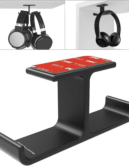 Load image into Gallery viewer, Headphone Headset Holder,  Headphones Stand Hanger Hook Aluminum Stick-On Adhesive under Desk Dual Headsets Holder Mount Gaming Accessories for All Headphones, Black
