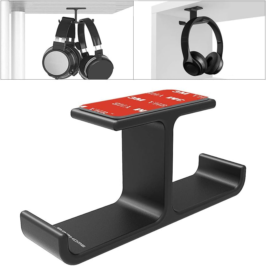 Headphone Headset Holder,  Headphones Stand Hanger Hook Aluminum Stick-On Adhesive under Desk Dual Headsets Holder Mount Gaming Accessories for All Headphones, Black