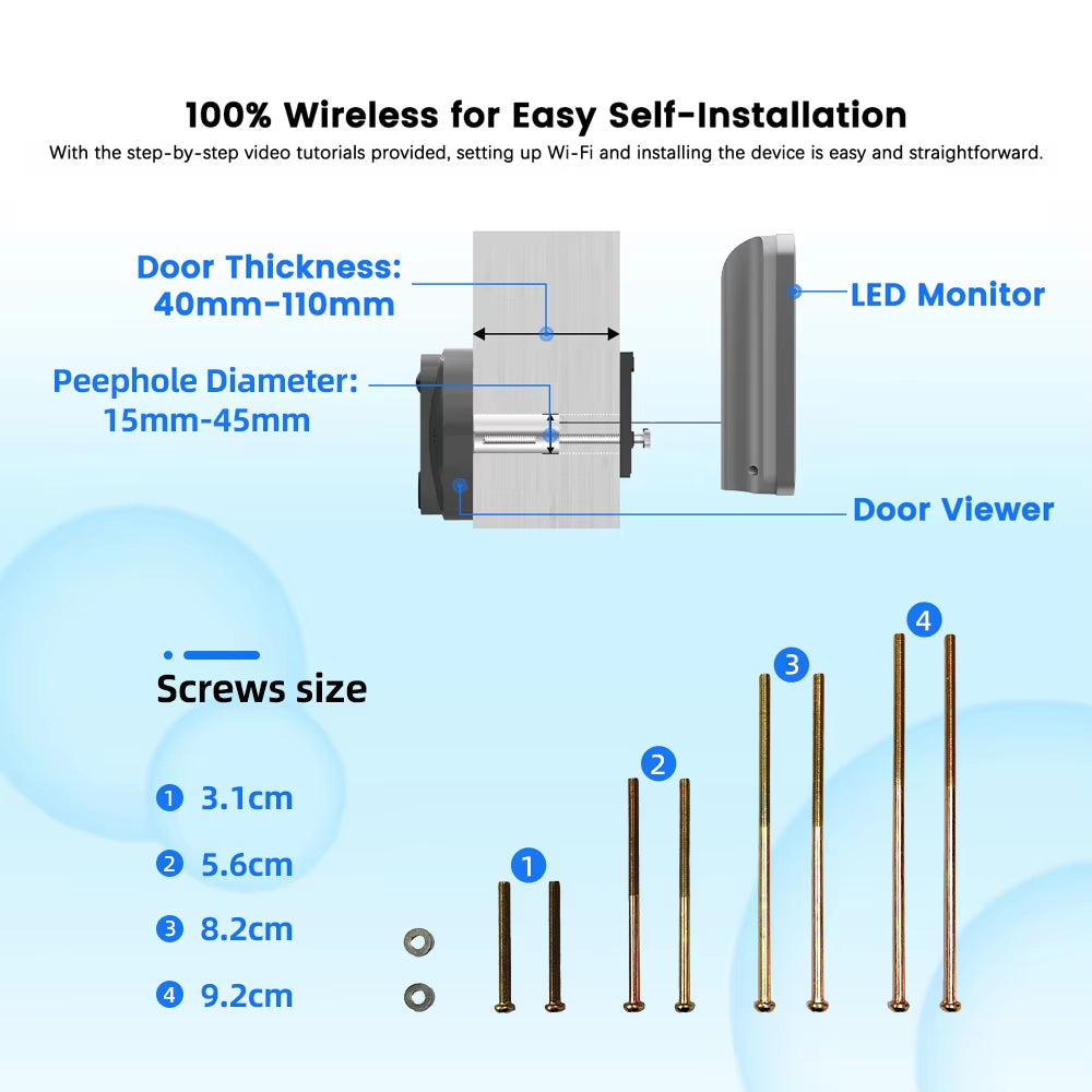 3MP Smart Life Tuya 1080P Wi-Fi Doorbell Eye Peephole Camera with 5000mAh Battery, PIR Motion Detection, IR Night Vision, Alexa and Google Assistant Compatible