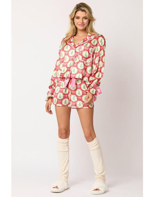 Load image into Gallery viewer, Women&#39;s Christmas Pajama Set - Santa and Tree Print Button-Up Long Sleeve Top with Shorts, Cotton Loungewear Outfit, 2 Pieces
