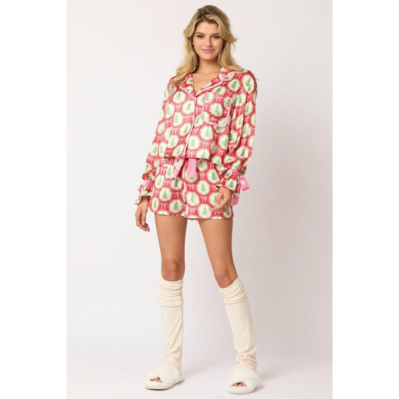 Women's Christmas Pajama Set - Santa and Tree Print Button-Up Long Sleeve Top with Shorts, Cotton Loungewear Outfit, 2 Pieces