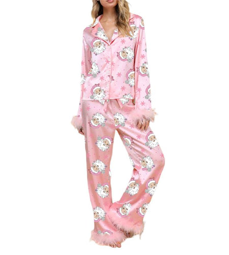 Women's Holiday Pajama Set with Santa Claus, Christmas Tree, and Boots Print - Plush Cuff Top and Pants for Festive Home Wear