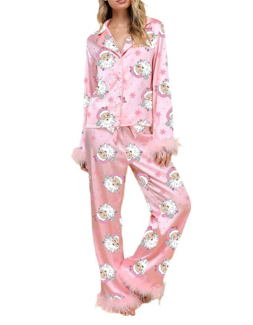 Load image into Gallery viewer, Women&#39;s Holiday Pajama Set with Santa Claus, Christmas Tree, and Boots Print - Plush Cuff Top and Pants for Festive Home Wear
