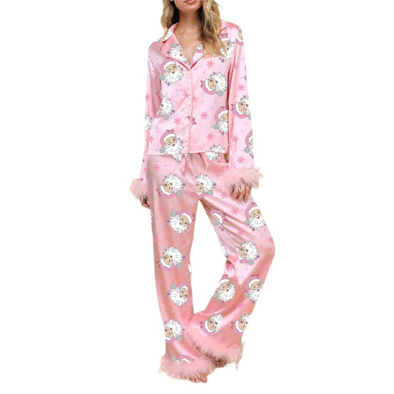 Women's Holiday Pajama Set with Santa Claus, Christmas Tree, and Boots Print - Plush Cuff Top and Pants for Festive Home Wear