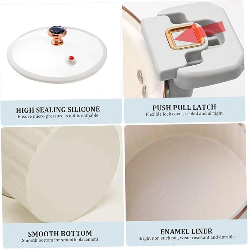 Non-Stick Enamel Micro Pressure Cooker - 2.11 Gallon Large Capacity with Push-Pull Lock for Soups and Stews - Oval Stainless Steel Cookware in White