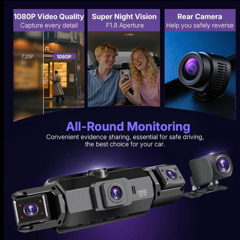 Dual Full HD Dash Camera with Front and Rear Coverage, Built-In WiFi, 64GB Card, 4" IPS Screen, Enhanced Night Vision, HDR, App Control, and 24-Hour Parking Monitoring