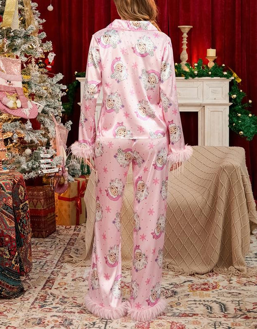 Load image into Gallery viewer, Women&#39;s Holiday Pajama Set with Santa Claus, Christmas Tree, and Boots Print - Plush Cuff Top and Pants for Festive Home Wear
