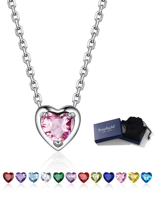 Load image into Gallery viewer, Women 925 Sterling Silver Birthstone Love Heart Necklace, Birthday Valentines Gift
