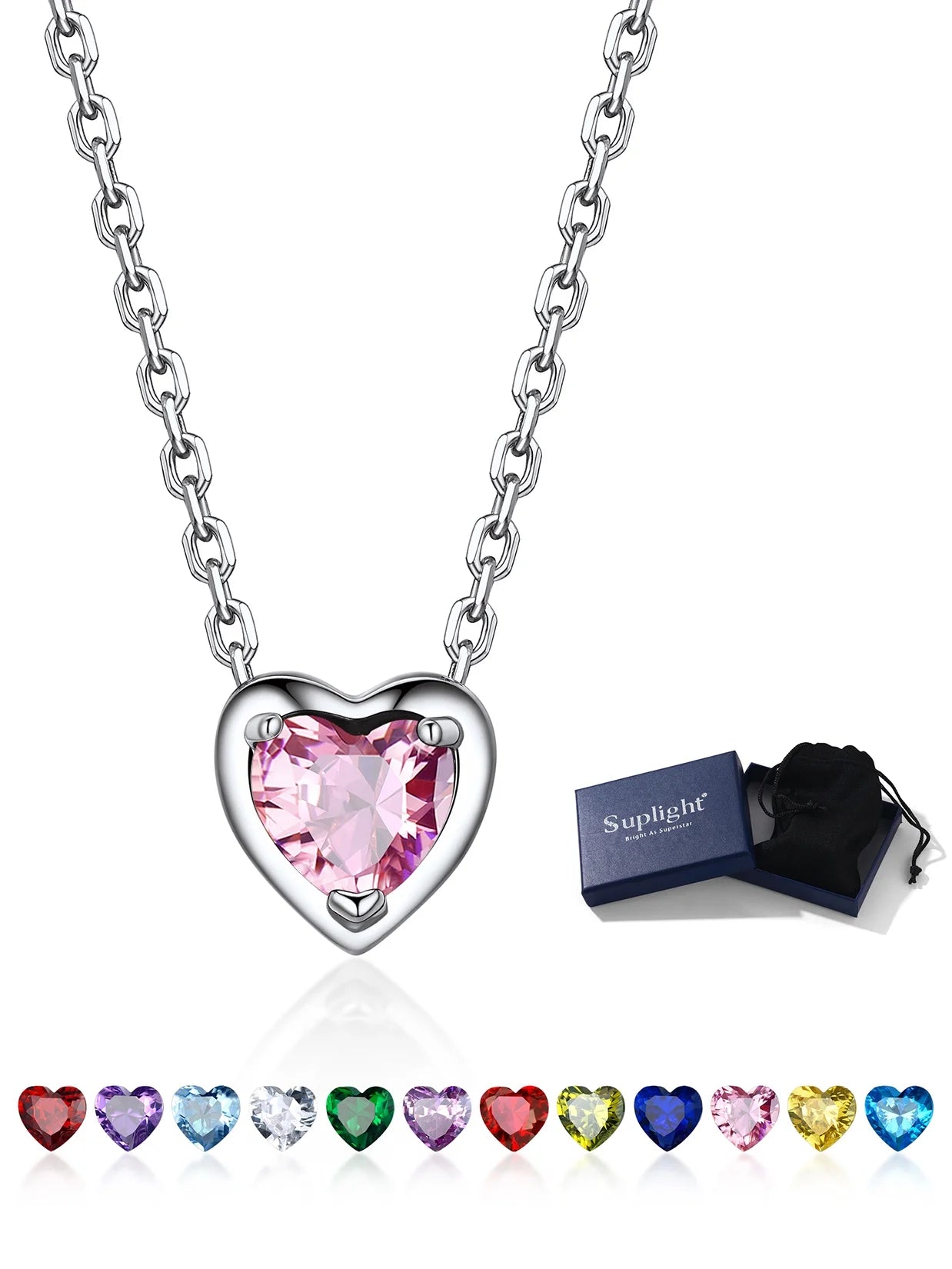 Women 925 Sterling Silver Birthstone Love Heart Necklace, Birthday Valentines Gift