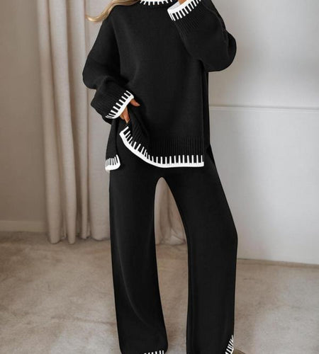 Women's 2-Piece Sweater Set: Long Sleeve Colorblock Crew Neck Top and Wide Leg Pants for Casual Fall and Winter Wear