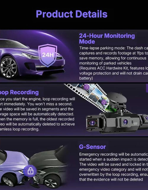 Load image into Gallery viewer, Dual Full HD Dash Camera with Front and Rear Coverage, Built-In WiFi, 64GB Card, 4&quot; IPS Screen, Enhanced Night Vision, HDR, App Control, and 24-Hour Parking Monitoring
