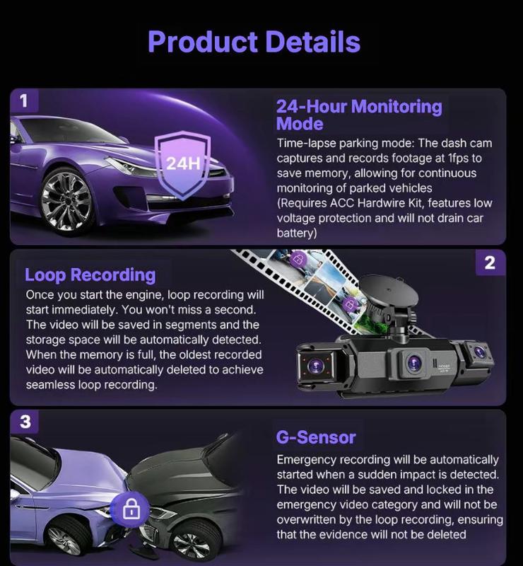 Dual Full HD Dash Camera with Front and Rear Coverage, Built-In WiFi, 64GB Card, 4" IPS Screen, Enhanced Night Vision, HDR, App Control, and 24-Hour Parking Monitoring