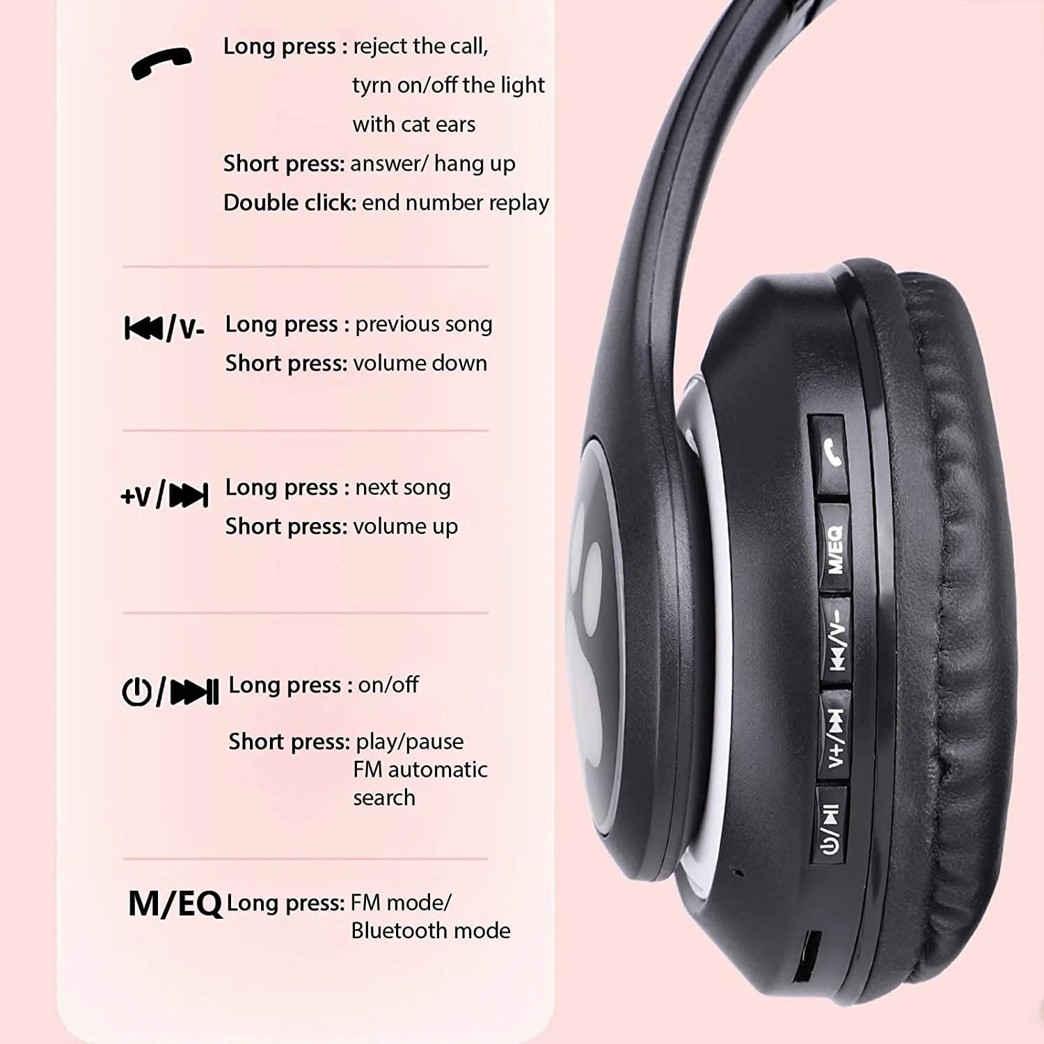 Kids Headphones, Wireless Headphones Cat Ear LED Light up Bluetooth Foldable Headphones over Ear W/Microphone for Online Distant Learning (Black) Christmas Birthday Gift for Boys