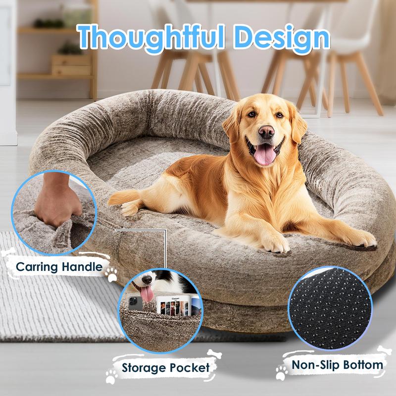 XL Orthopedic Faux Fur Dog Bed for Adults and Pets | Cozy Lounger with Pillow and Blanket | Washable Bedding, Ideal Gift for Pet Enthusiasts