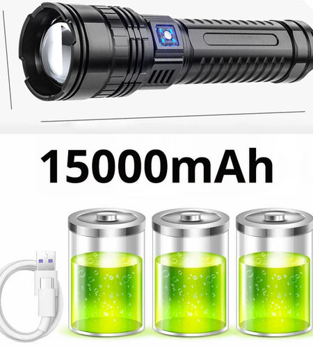 1000W Rechargeable Emergency Spotlight with 9km Range and 990,000,000 Lumens - High-Performance Tactical LED Flashlight with 15,000mAh Battery