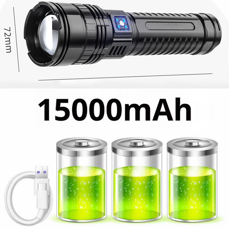 1000W Rechargeable Emergency Spotlight with 9km Range and 990,000,000 Lumens - High-Performance Tactical LED Flashlight with 15,000mAh Battery