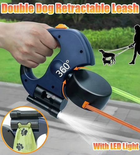Premium 3M Retractable Double Dog Leash for Small Dogs Reflective 360 Swivel No Tangle Walking Pet Lead with LED Lights