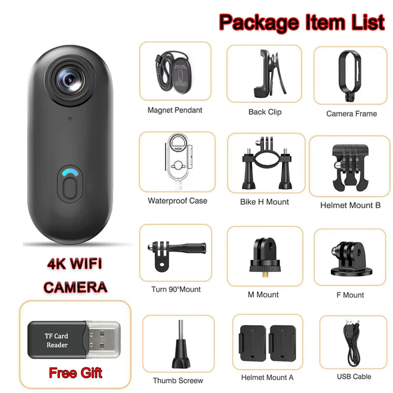Pocket 4K Mini Camera Magnetic Wearable Cam with Waterproof Shell Wifi Bike Camera Friendly for Casual Cycling Vlog Home Use