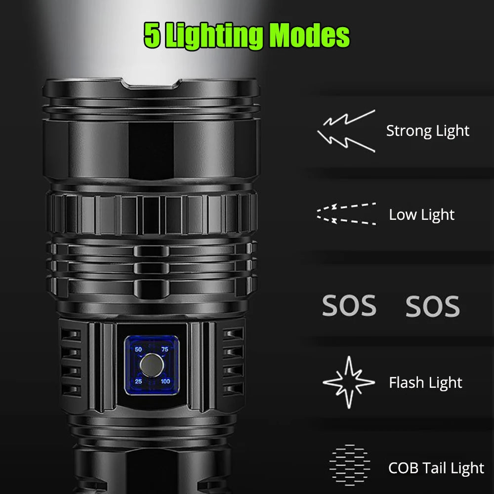 1000W Rechargeable Emergency Spotlight with 9km Range and 990,000,000 Lumens - High-Performance Tactical LED Flashlight with 15,000mAh Battery