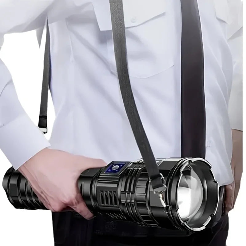 1000W Rechargeable Emergency Spotlight with 9km Range and 990,000,000 Lumens - High-Performance Tactical LED Flashlight with 15,000mAh Battery
