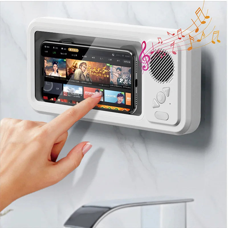 Waterproof Bathroom Phone Case with Bluetooth Speaker and Wall Mount Holder - Anti-Fog Design for Shower and Kitchen Use