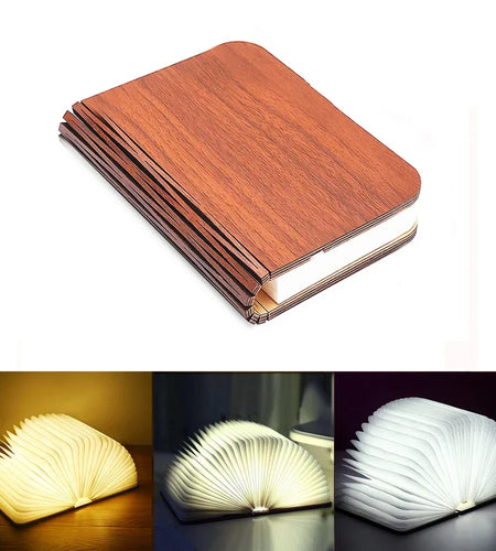 3D Wooden Foldable LED Book Night Light with 3/5 Color Options - USB Rechargeable Magnetic Desk Lamp for Bedroom and Bedside Decor