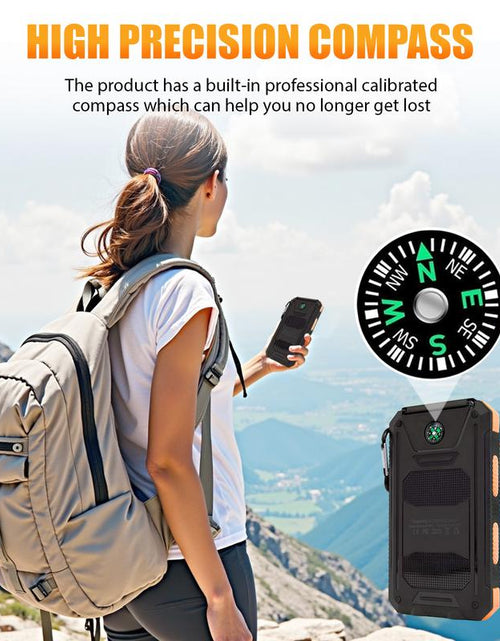 Load image into Gallery viewer, Solar-Powered Portable Charger with Dual USB Output and Flashlight, Wireless Car Charging Capability, Ideal for Travel and Electronic Devices
