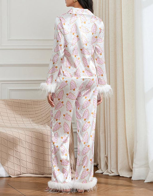 Load image into Gallery viewer, Women&#39;s Holiday Pajama Set with Santa Claus, Christmas Tree, and Boots Print - Plush Cuff Top and Pants for Festive Home Wear
