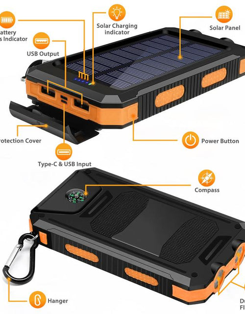 Load image into Gallery viewer, Solar-Powered Portable Charger with Dual USB Output and Flashlight, Wireless Car Charging Capability, Ideal for Travel and Electronic Devices
