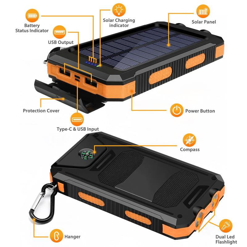 Solar-Powered Portable Charger with Dual USB Output and Flashlight, Wireless Car Charging Capability, Ideal for Travel and Electronic Devices