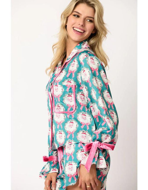 Load image into Gallery viewer, Women&#39;s Christmas Pajama Set - Santa and Tree Print Button-Up Long Sleeve Top with Shorts, Cotton Loungewear Outfit, 2 Pieces
