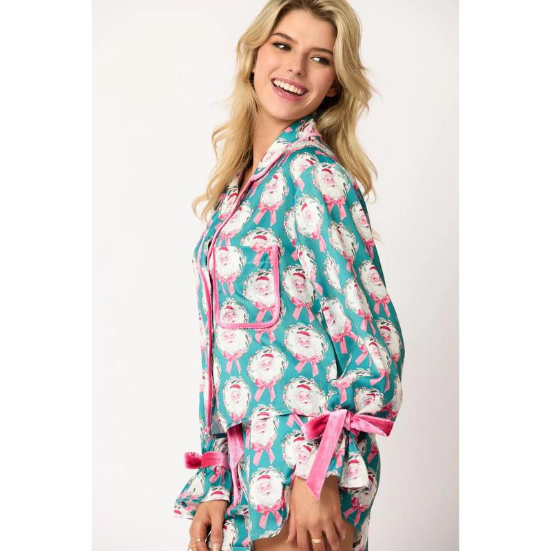 Women's Christmas Pajama Set - Santa and Tree Print Button-Up Long Sleeve Top with Shorts, Cotton Loungewear Outfit, 2 Pieces