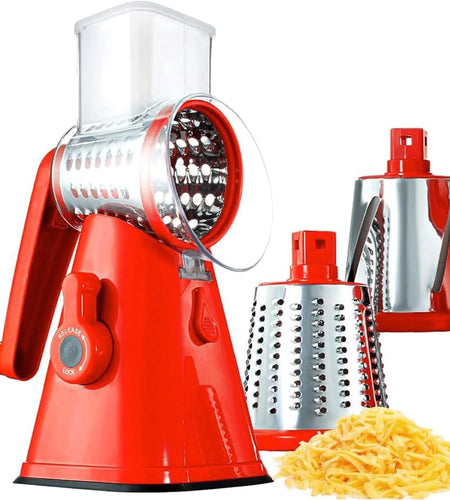 Rotary Cheese Grater Hand Crank, Stainless Steel Rotary Graters for Kitchen with 3 Blades, Vegetable Slicer, Cheese Grater with Suction Cup Base, Dishwasher Safe
