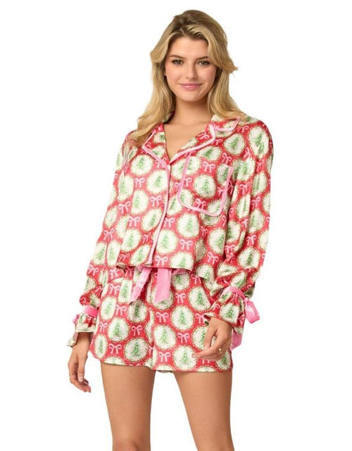 Load image into Gallery viewer, Women&#39;s Christmas Pajama Set - Santa and Tree Print Button-Up Long Sleeve Top with Shorts, Cotton Loungewear Outfit, 2 Pieces
