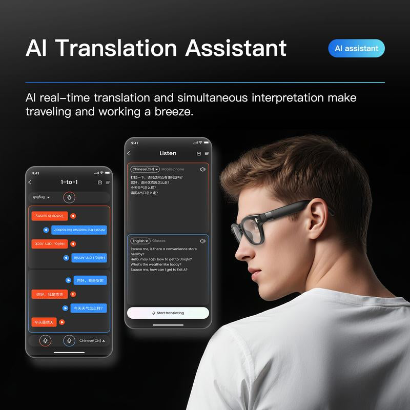AI Smart Glasses with 1080P HD Camera, Real-Time AI Translation, and Open-Ear Bluetooth Speaker for Men and Women