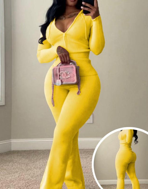 Load image into Gallery viewer, Usboutique Women&#39;s Chic 2-Piece Sweatsuit - Yellow Zip-Up Hoodie with Pockets and Flare Yoga Pants, Trendy Lounge Set for Casual Fall/Winter Wear, Athleisure Apparel
