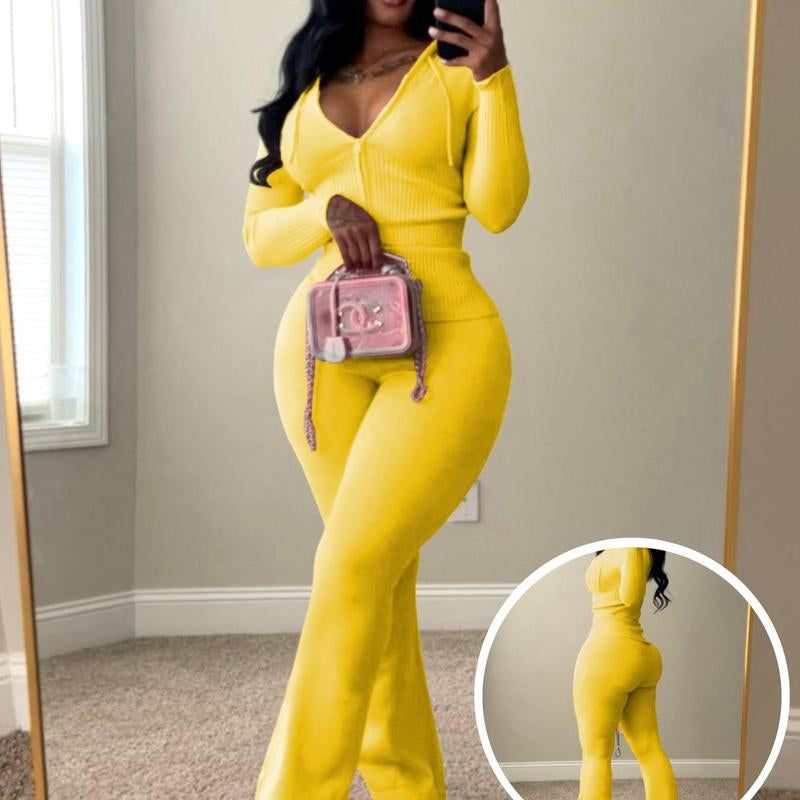 Usboutique Women's Chic 2-Piece Sweatsuit - Yellow Zip-Up Hoodie with Pockets and Flare Yoga Pants, Trendy Lounge Set for Casual Fall/Winter Wear, Athleisure Apparel
