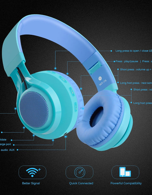 Load image into Gallery viewer, WT-7S Kids Bluetooth Headphones, LED Light up Wireless Foldable Stereo Headset with Microphone and Volume Control for Pc/Iphone/Tv/Ipad (Blue)
