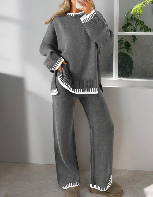 Load image into Gallery viewer, Women&#39;s 2-Piece Sweater Set: Long Sleeve Colorblock Crew Neck Top and Wide Leg Pants for Casual Fall and Winter Wear
