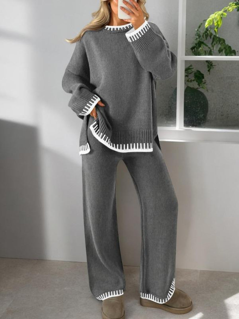Women's 2-Piece Sweater Set: Long Sleeve Colorblock Crew Neck Top and Wide Leg Pants for Casual Fall and Winter Wear