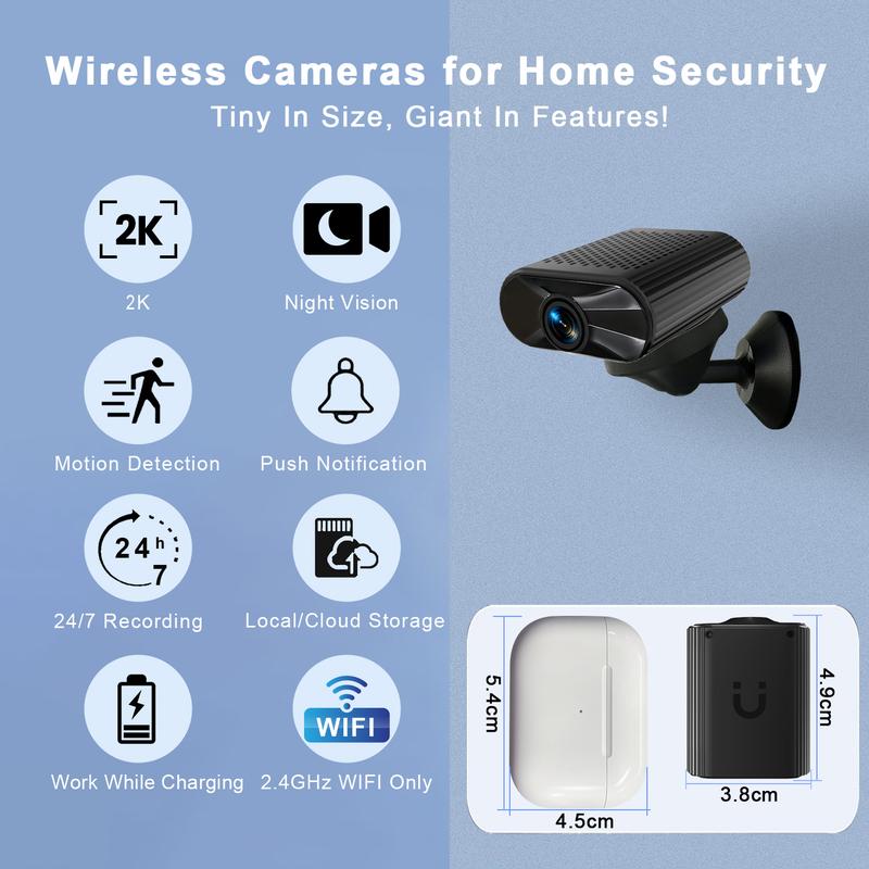 Mini Wi-Fi Surveillance Camera with Strong Magnet: 2K HD Resolution, Night Vision, 2-Hour Battery Life/USB Power, 32GB Memory Card, Compatible with iOS/Android App