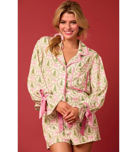 Women's Christmas Pajama Set - Santa and Tree Print Button-Up Long Sleeve Top with Shorts, Cotton Loungewear Outfit, 2 Pieces