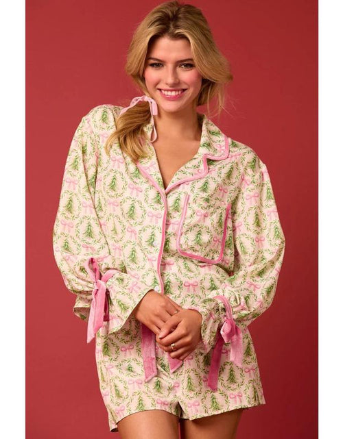 Load image into Gallery viewer, Women&#39;s Christmas Pajama Set - Santa and Tree Print Button-Up Long Sleeve Top with Shorts, Cotton Loungewear Outfit, 2 Pieces
